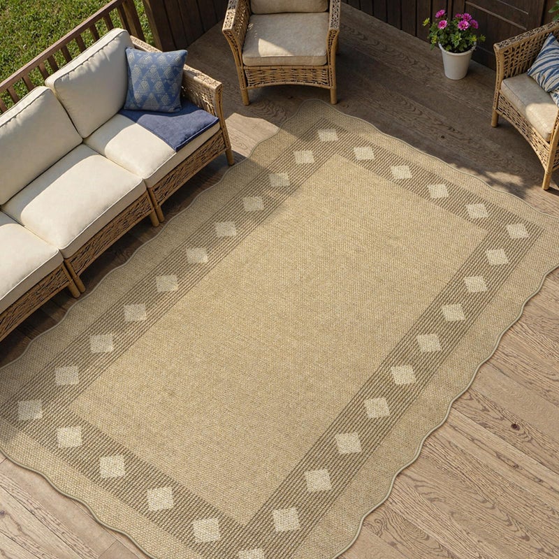 LIVEBOX Scalloped Easy Jute Diamond 3x5 Outdoor Rug, Washable Non-Slip Tan Rugs for Entryway, Geometric Checkered Indoor Outdoor Rug Farmhouse Carpet Door Mat for Patio Porch Bedroom Living Room - Image 3