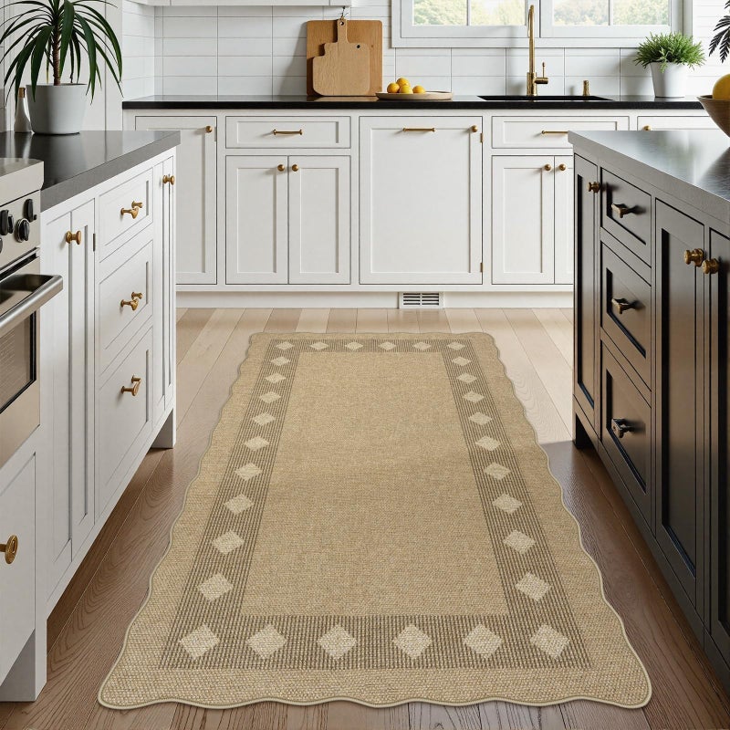 LIVEBOX Scalloped Easy Jute Diamond 3x5 Outdoor Rug, Washable Non-Slip Tan Rugs for Entryway, Geometric Checkered Indoor Outdoor Rug Farmhouse Carpet Door Mat for Patio Porch Bedroom Living Room - Image 2