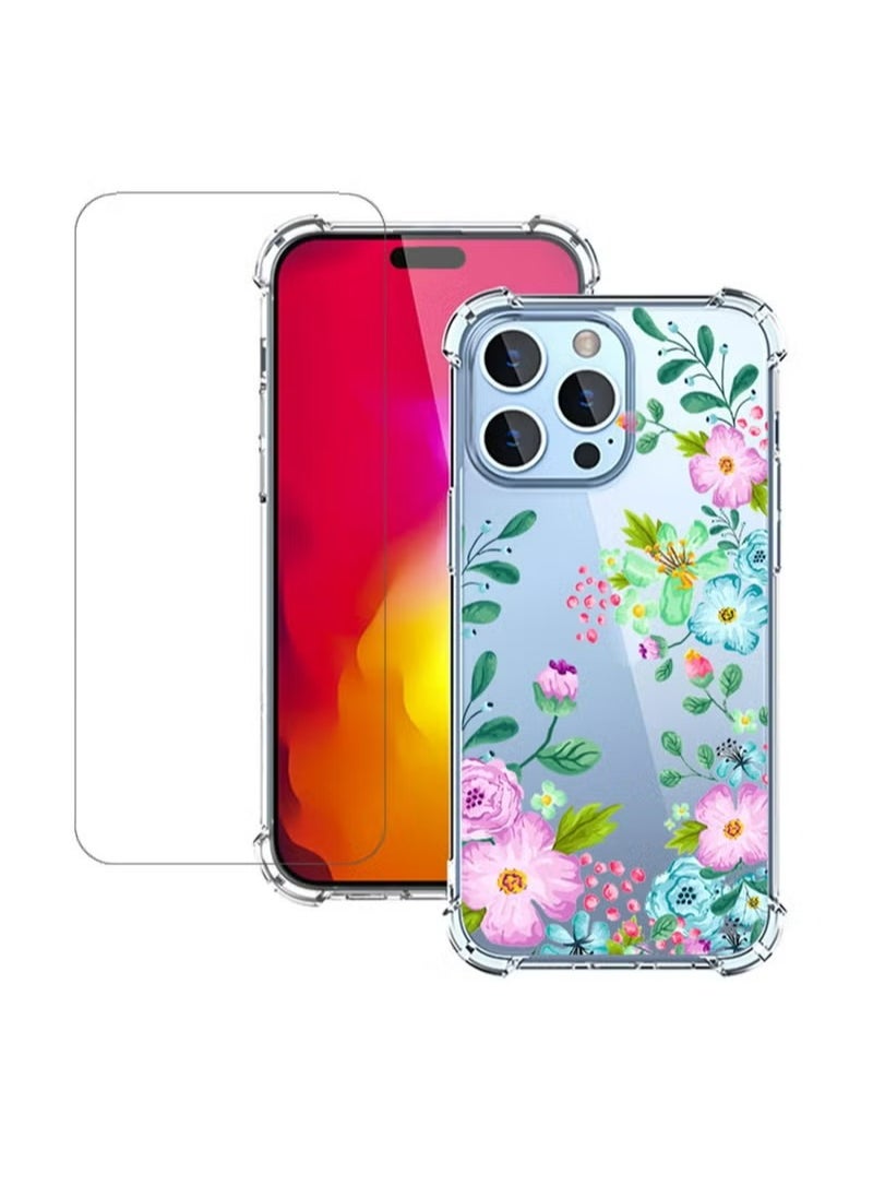 X-level - iPhone 15 Pro Max Case Transparent Mobile Phone Back Flowers Pattern Four Corner Shockproof Protective Camera Protection Funtion With 1 Screen Film Tempered Glass Cover Protector For Women Girl - Image 1