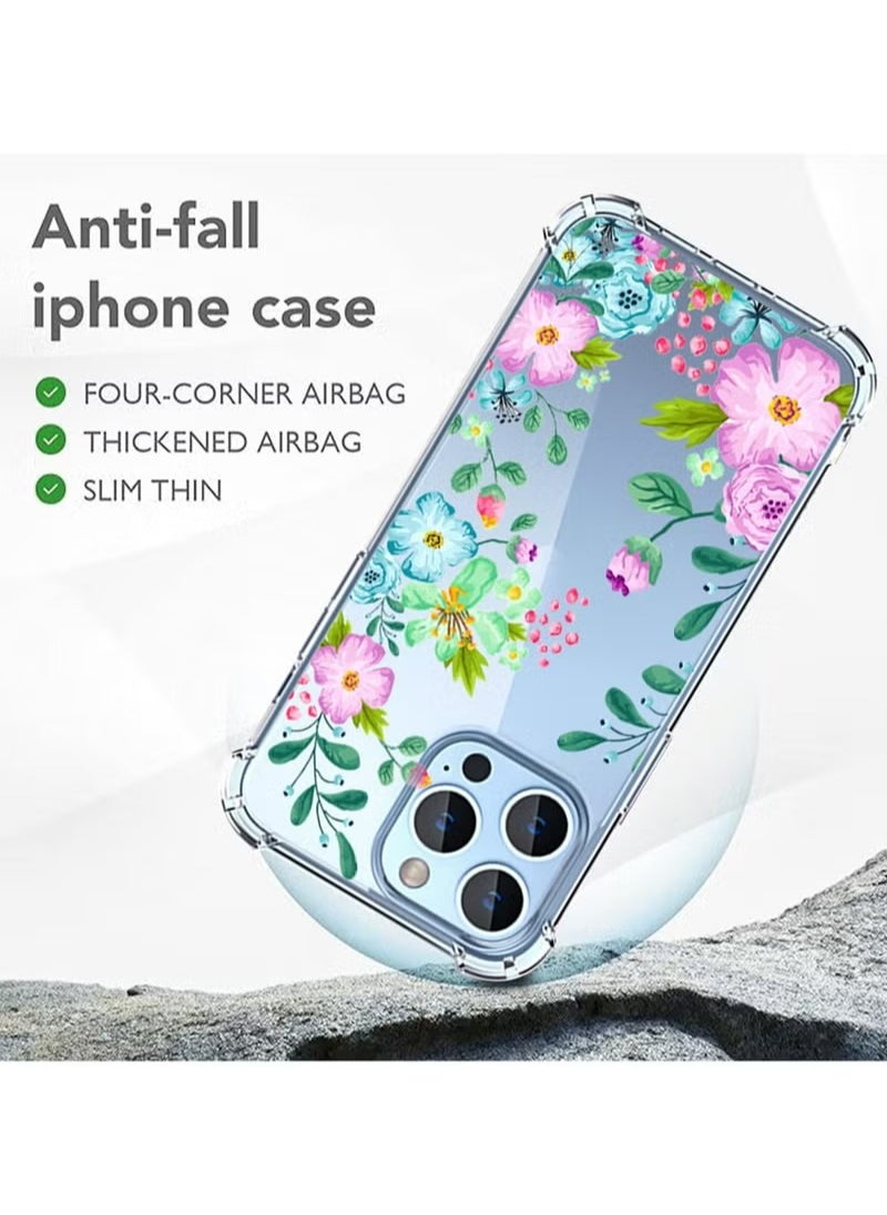 X-level - iPhone 15 Pro Max Case Transparent Mobile Phone Back Flowers Pattern Four Corner Shockproof Protective Camera Protection Funtion With 1 Screen Film Tempered Glass Cover Protector For Women Girl - Image 1