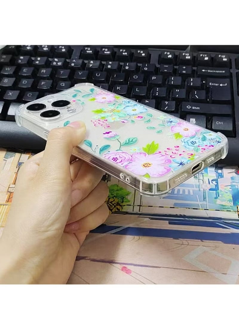 X-level - iPhone 15 Pro Max Case Transparent Mobile Phone Back Flowers Pattern Four Corner Shockproof Protective Camera Protection Funtion With 1 Screen Film Tempered Glass Cover Protector For Women Girl - Image 1
