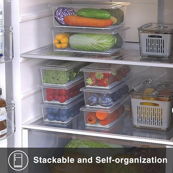 Qshare Fridge Container - Plastic Fridge Storage Box with Removable Drain Plate, Leak-Proof Lid Fridge Storage Box, Fridge Organizer Container Keep for Fruits, Vegetables, Fish, Meat (1500ml) (6) - Image 3
