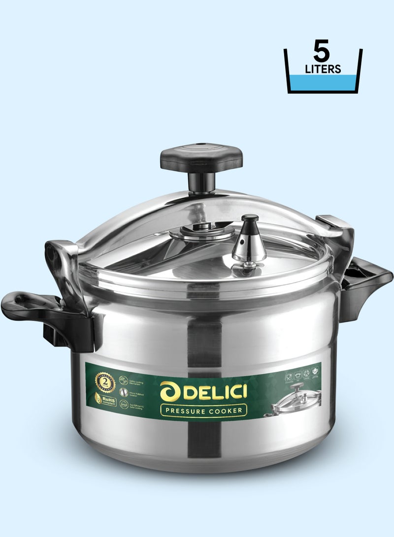 DELICI Aluminium Pressure Cooker 5 Litre (DPC 5A) – Durable Heavy-Duty Body & Lid, Fast & Safe Cooking with Strong Heat-Resistant Base, Safety Locking Mechanism, Long-Lasting Rubber Gasket, ISI Certified, 2-Year Warranty - Image 1