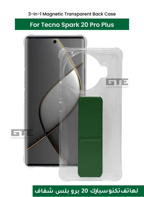 3-in-1 Magnetic  Transparent Back Case  for Tecno Spark 20 Pro Plus-Clear/Green