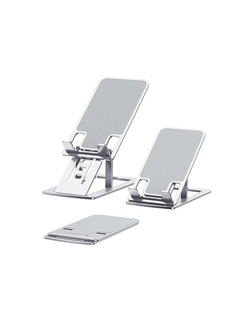 OUYoo Foldable Cell Phone Stand Holder Aluminum Adjustable Height Nonslip Adhesive Portable Cellphone Cradle for Desk Office Table Home Travel Mobile Smartphone Compatible with tablets（silver）