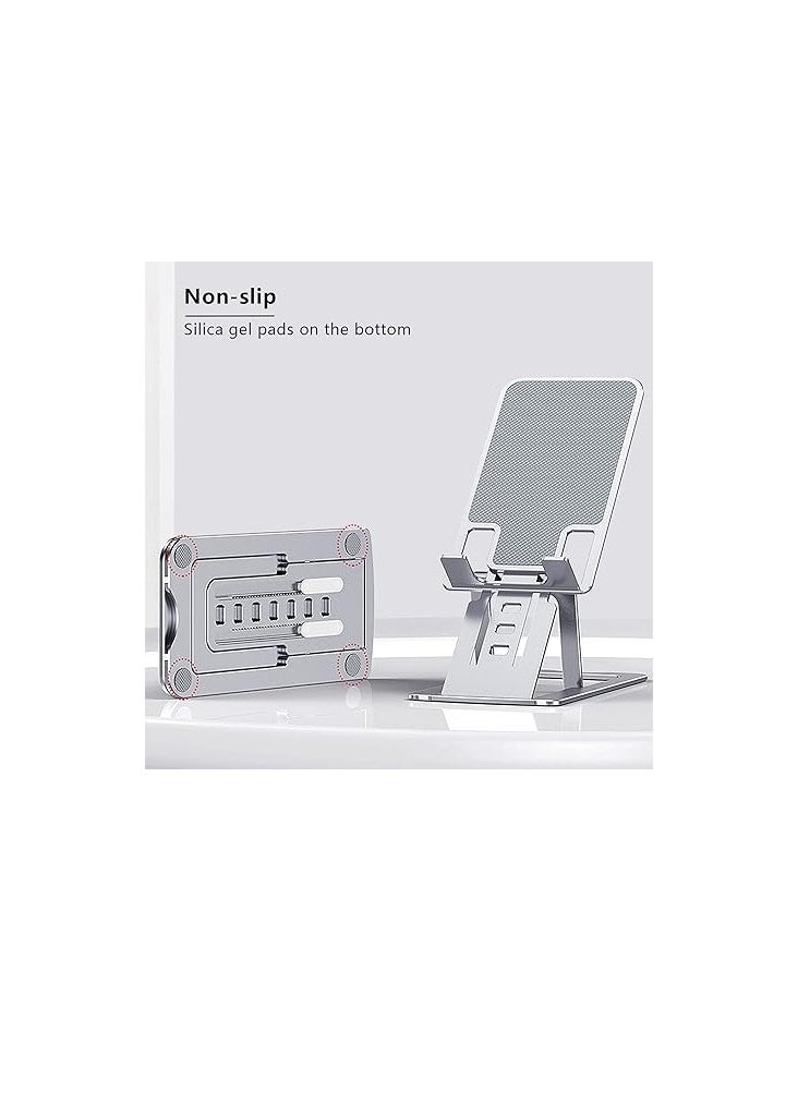 OUYoo - OUYoo Foldable Cell Phone Stand Holder Aluminum Adjustable Height Nonslip Adhesive Portable Cellphone Cradle for Desk Office Table Home Travel Mobile Smartphone Compatible with tablets（silver） - Image 1