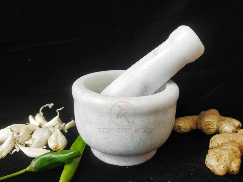 NRSON Mortar And Pestle Set Kharad Masher Spice MixerOkhli And MusleKharal For Kitchen 4 InchesWhite Colour - Image 1