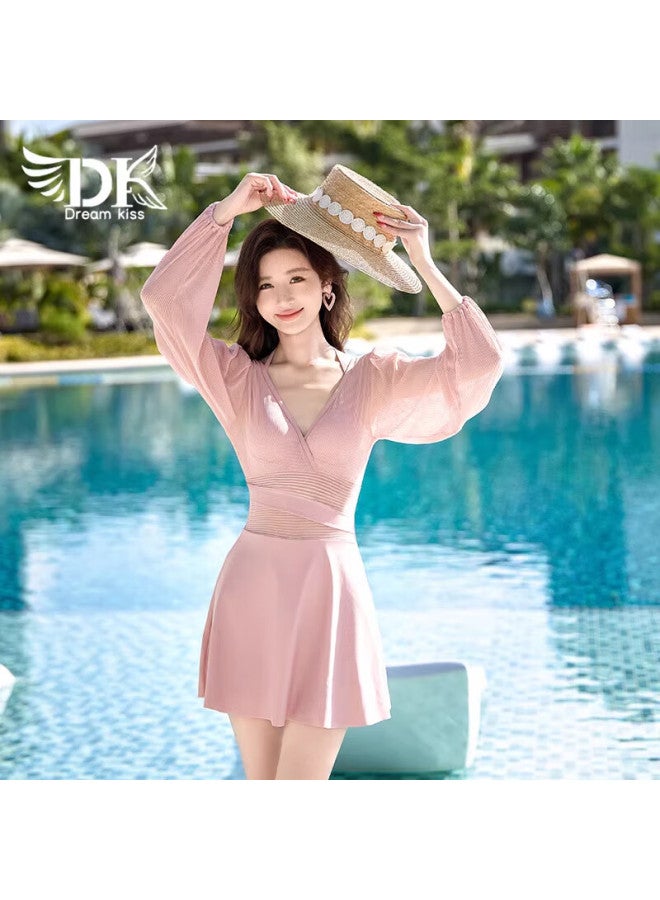 Dk Women's New One-piece Long Sleeve Swimsuit Covering Flesh Slimming High-end Conservative Hot Spring Bubble Beautiful Adult Swimwear L - Image 2