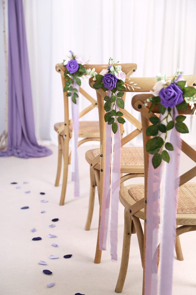 DreamBuilt Wedding Aisle Decorations for Wedding Ceremony Set of 10 Pew Flowers for Church Chair Decorations Party Decor with Artificial Flowers Eucalyptus and Ribbons Purple - Image 3