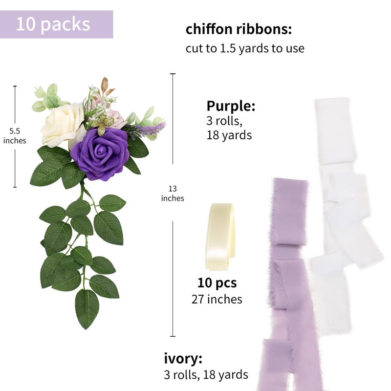 DreamBuilt Wedding Aisle Decorations for Wedding Ceremony Set of 10 Pew Flowers for Church Chair Decorations Party Decor with Artificial Flowers Eucalyptus and Ribbons Purple - Image 2