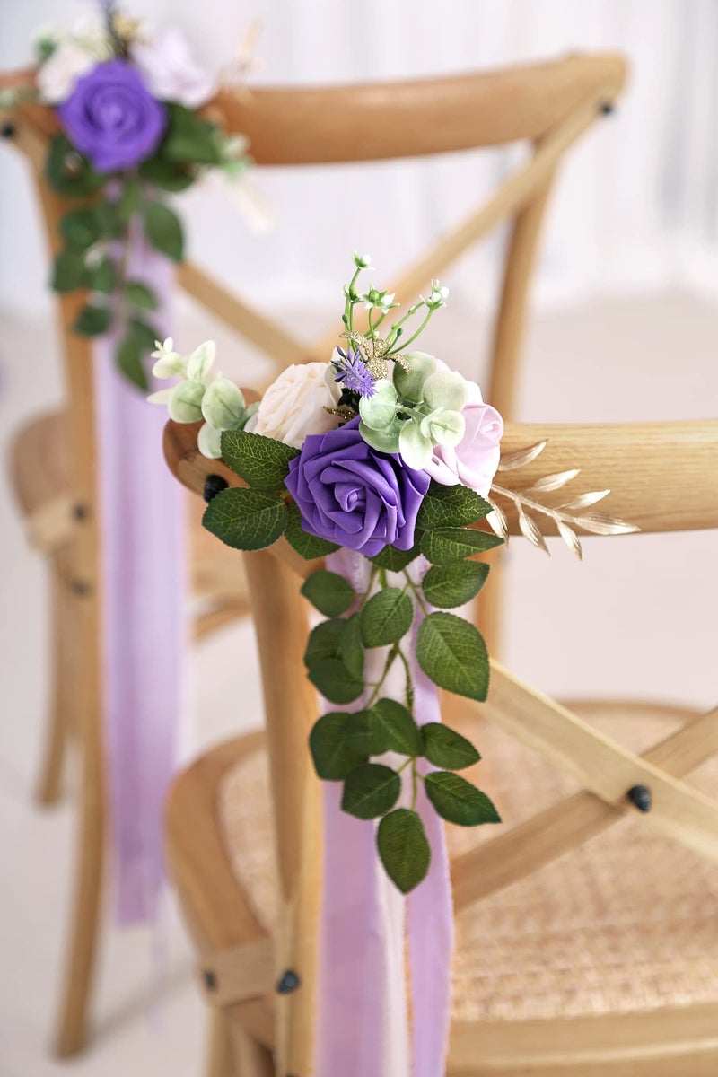 DreamBuilt Wedding Aisle Decorations for Wedding Ceremony Set of 10 Pew Flowers for Church Chair Decorations Party Decor with Artificial Flowers Eucalyptus and Ribbons Purple - Image 4