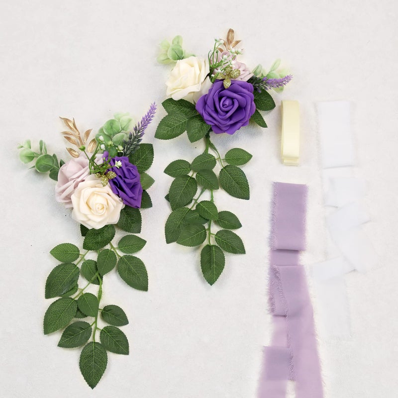 DreamBuilt Wedding Aisle Decorations for Wedding Ceremony Set of 10 Pew Flowers for Church Chair Decorations Party Decor with Artificial Flowers Eucalyptus and Ribbons Purple - Image 5