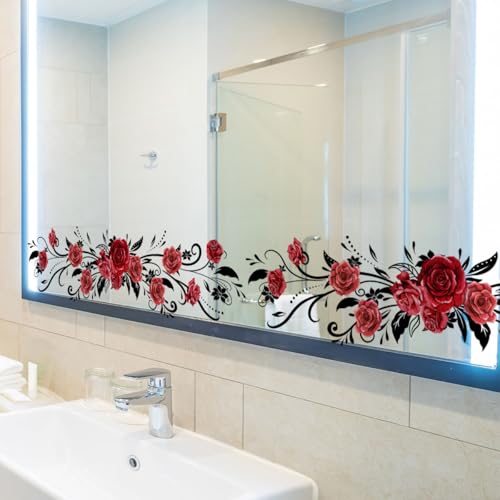 Mirabuy Red Rose Floral Flower Vine Window Cling Decals Vinyl Peel and Stick Wall Window Murals for Bathroom Washroom Living Room Bedroom - Image 4