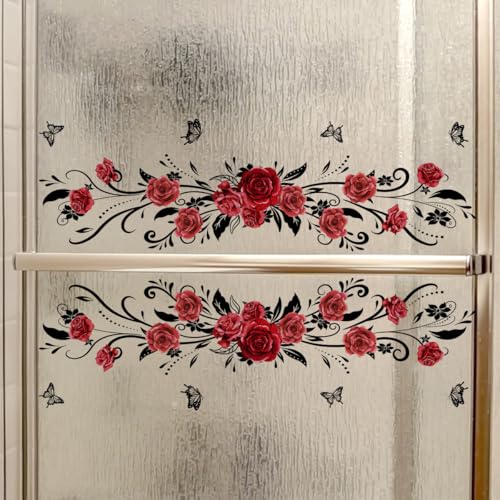 Mirabuy Red Rose Floral Flower Vine Window Cling Decals Vinyl Peel and Stick Wall Window Murals for Bathroom Washroom Living Room Bedroom - Image 3