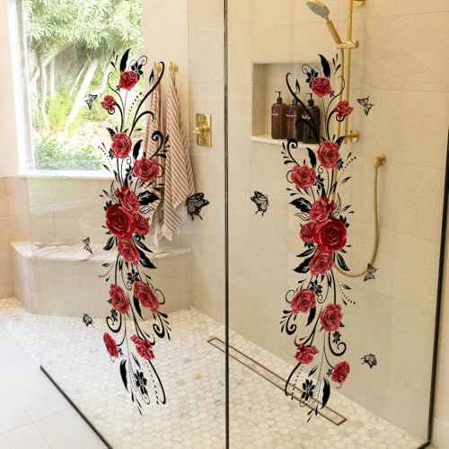 Mirabuy Red Rose Floral Flower Vine Window Cling Decals Vinyl Peel and Stick Wall Window Murals for Bathroom Washroom Living Room Bedroom - Image 1