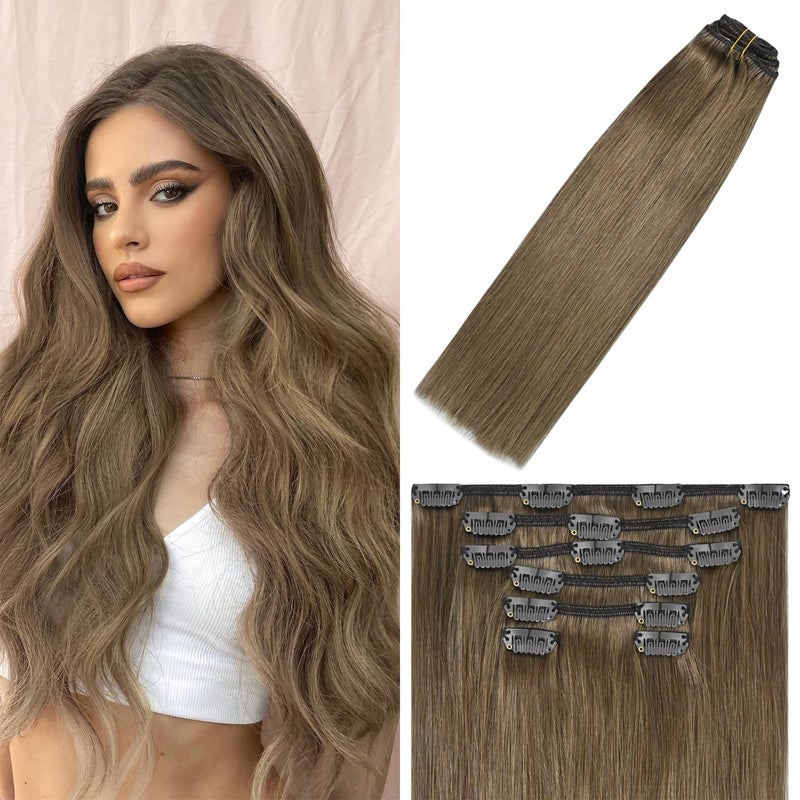 WindTouch Clip In Hair Extensions Human Hair Ash Brown 18Inch 70g #8 7PCS Hair Extensions for women for Brown Hair Remy Hair