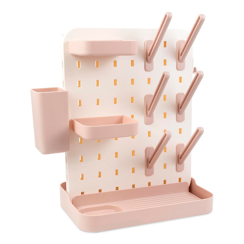 AKS B2C Larger Baby Bottle Drying Rack Space Saving Countertop Vertical Rack with Brushes Holder (Pink) - Image 1