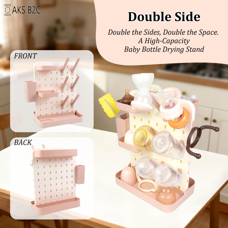 AKS B2C Larger Baby Bottle Drying Rack Space Saving Countertop Vertical Rack with Brushes Holder (Pink) - Image 3