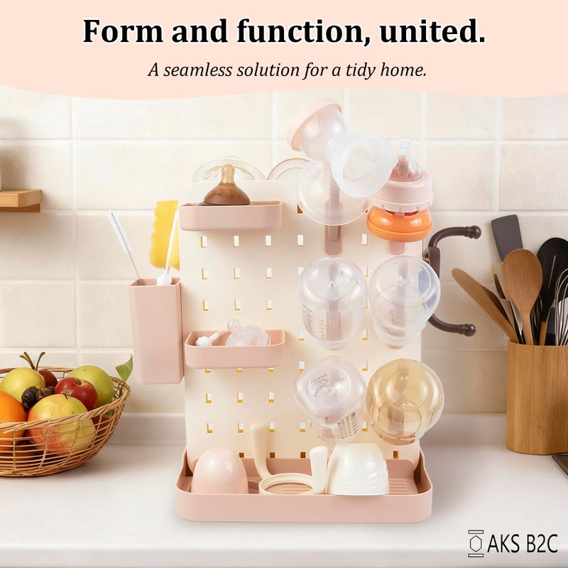 AKS B2C Larger Baby Bottle Drying Rack Space Saving Countertop Vertical Rack with Brushes Holder (Pink) - Image 2