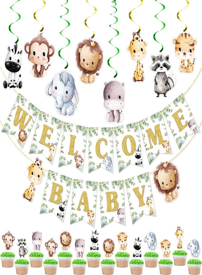FOZEE Safari Welcome Baby Banner, Jungle Animal Hanging Swirls, Cupcake Toppers, Pre-strung Jungle Safari Baby Shower Gender Reveal Decorations, 34Pcs - Image 1