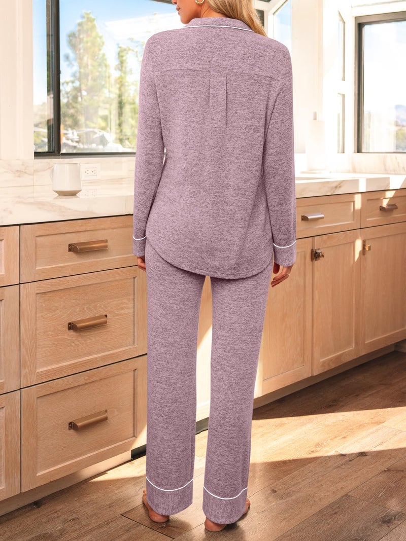LILLUSORY Women's Long Sleeve Pajama Set - Soft Button-Down Top & Comfortable Drawstring Pants with Pockets Coral 2XL - Image 4