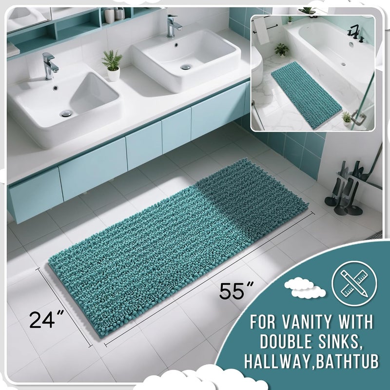 Yimobra Bathroom Runner Rug 55x24 Inch - Extra Long Non Slip Chenille Bath Mat, Soft & Absorbent, Machine Washable Shaggy Hallway Carpet for Vanity Tub Shower, Teal Blue Home Decor Accessories - Image 2