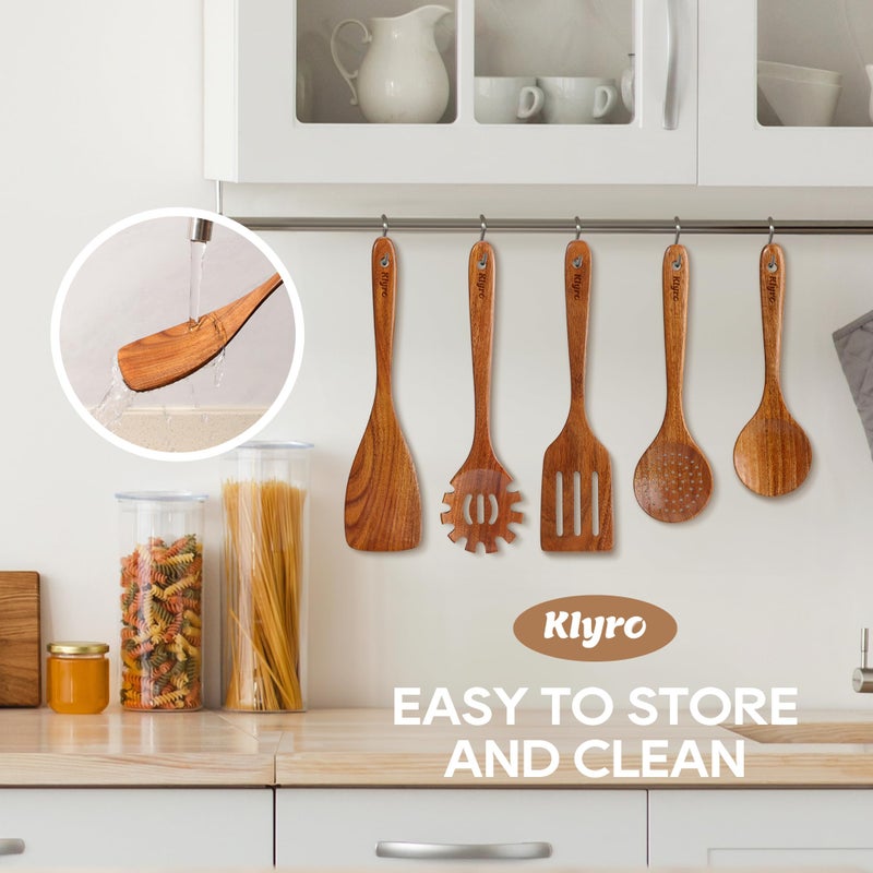 KLYRO Teak Kitchen Utensils Set, 5 Piece Premium Wooden Cooking Utensils Set, Non-Stick Heat-Resistant Wooden Spoons for Cooking, New Apartment Essentials - Image 5