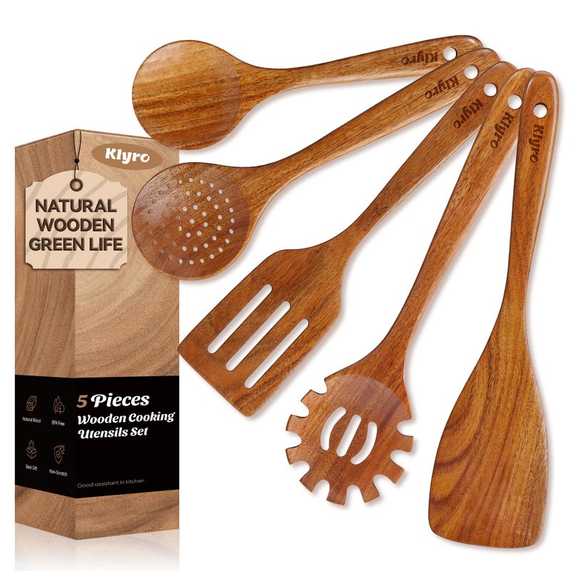 KLYRO Teak Kitchen Utensils Set, 5 Piece Premium Wooden Cooking Utensils Set, Non-Stick Heat-Resistant Wooden Spoons for Cooking, New Apartment Essentials - Image 1