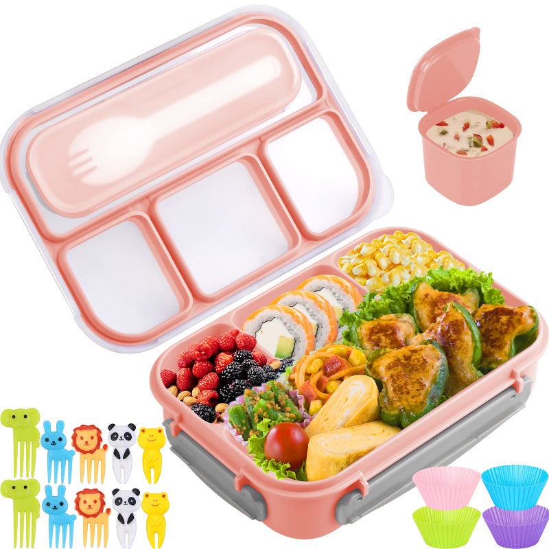 Yumuk Bento Box  Lunch Box Kids  1300ML Bento Box Adult Lunch Box with 4 Compartment &Food Picks &Cake Cups  Lunch Box Containers for Adults/Kids/Toddler  Leak-Proof  Microwave/Dishwasher/Freezer Safe(Pink) - Image 1