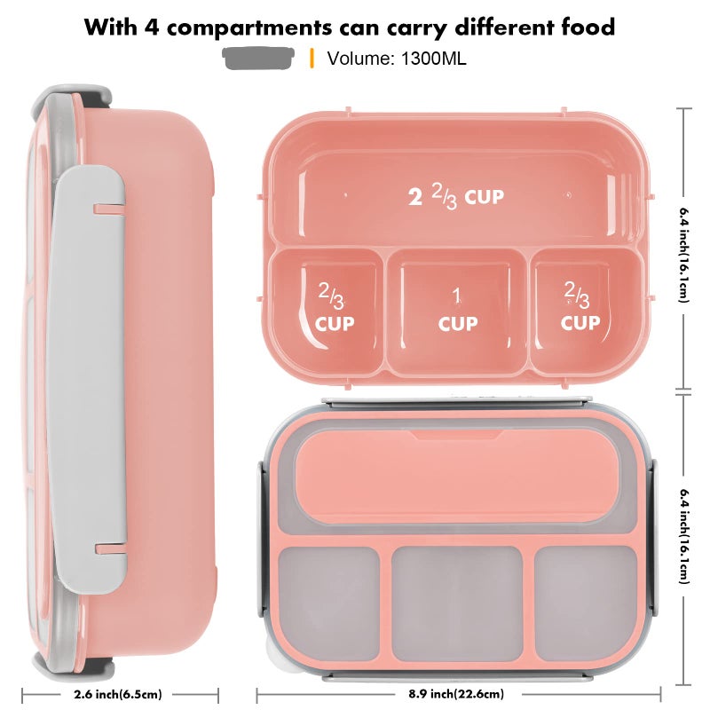 Yumuk Bento Box  Lunch Box Kids  1300ML Bento Box Adult Lunch Box with 4 Compartment &Food Picks &Cake Cups  Lunch Box Containers for Adults/Kids/Toddler  Leak-Proof  Microwave/Dishwasher/Freezer Safe(Pink) - Image 2