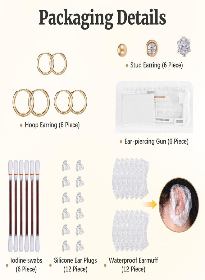 Jaarssho Disposable Ear Piercing Kit with 6 Piercing Guns, 3 Pairs of Earrings, Mark Pen, Iodophor Swabs, Cartilage Jewelry Studs & Accessories, Easy at Home Use (Gold - Image 2