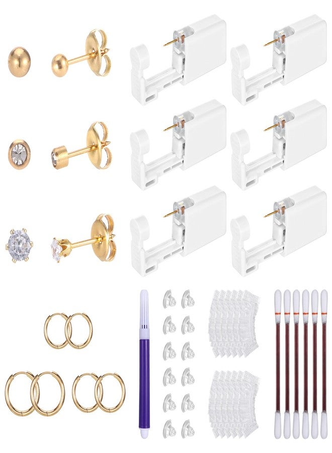 Jaarssho Disposable Ear Piercing Kit with 6 Piercing Guns, 3 Pairs of Earrings, Mark Pen, Iodophor Swabs, Cartilage Jewelry Studs & Accessories, Easy at Home Use (Gold - Image 1