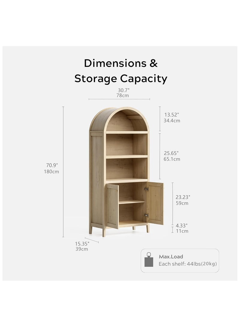 DOOHWAN Arched Bookcase with Doors and 5 Adjustable Shelves, 180cm Farmhouse Storage Cabinet for Home Office & Living Room - Image 3