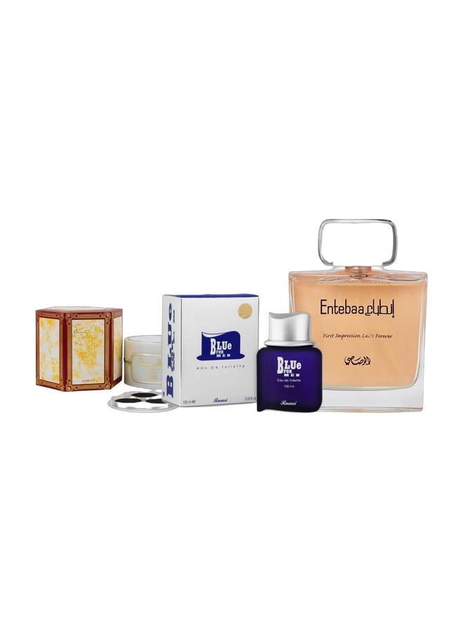 Rasasi Blue For Men Eau De Toilette Perfume 100ml, Entebaa Perfume for Women EDP 100ml, and Bukhoor Raqiya – Bakhoor 18 Tablets - Image 1