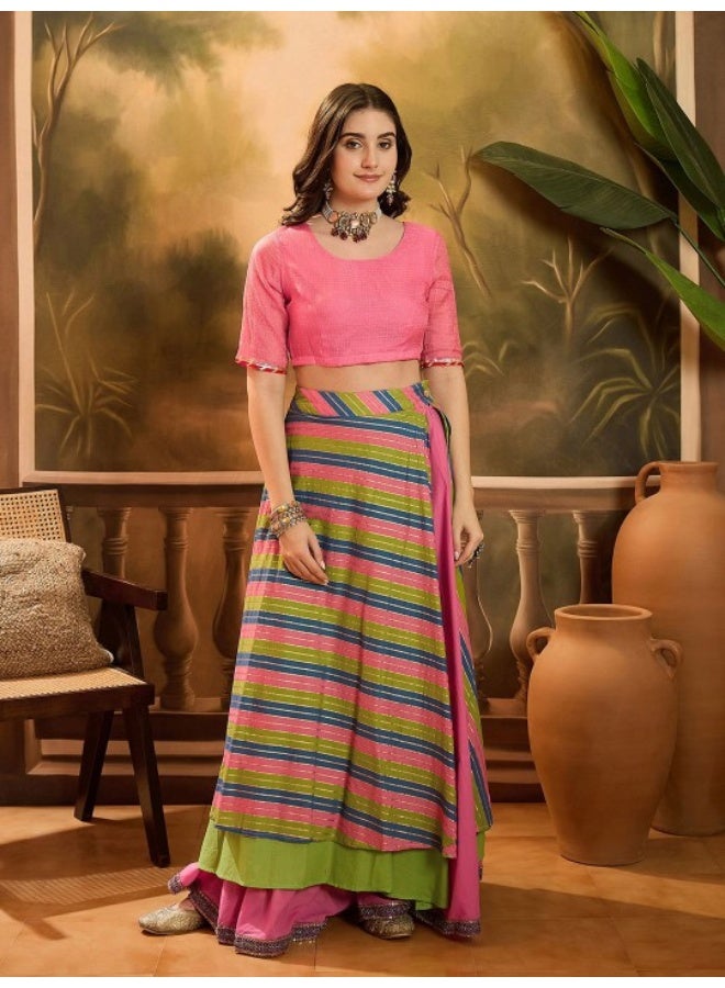 AKS Pink And Green Leheriya Lehenga Choli Set  - Image 4