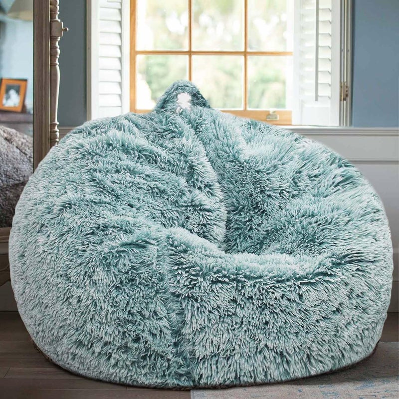 Kisoy Fluffy Stuffed Animal Storage Bean Bag Chair Cover (No Filler), Faux Fur Comfy Bean Bag Cover for Organizing Plush Toys or Textile, for Adults Teens Kids Girls,Dark Green - Image 1