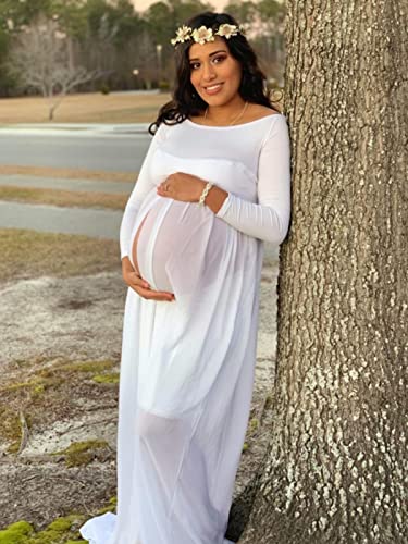 YnimioAOX Women's Off Shoulder Long Sleeve Maternity Dress for Photography Chiffon Maternity Gown for Photoshoot,White - Image 4