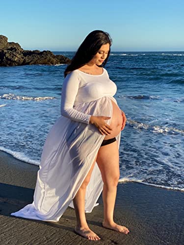 YnimioAOX Women's Off Shoulder Long Sleeve Maternity Dress for Photography Chiffon Maternity Gown for Photoshoot,White - Image 2