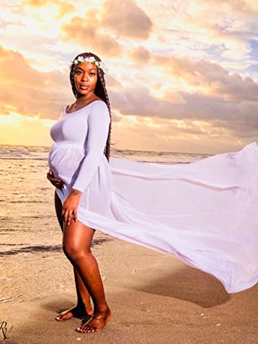 YnimioAOX Women's Off Shoulder Long Sleeve Maternity Dress for Photography Chiffon Maternity Gown for Photoshoot,White - Image 3