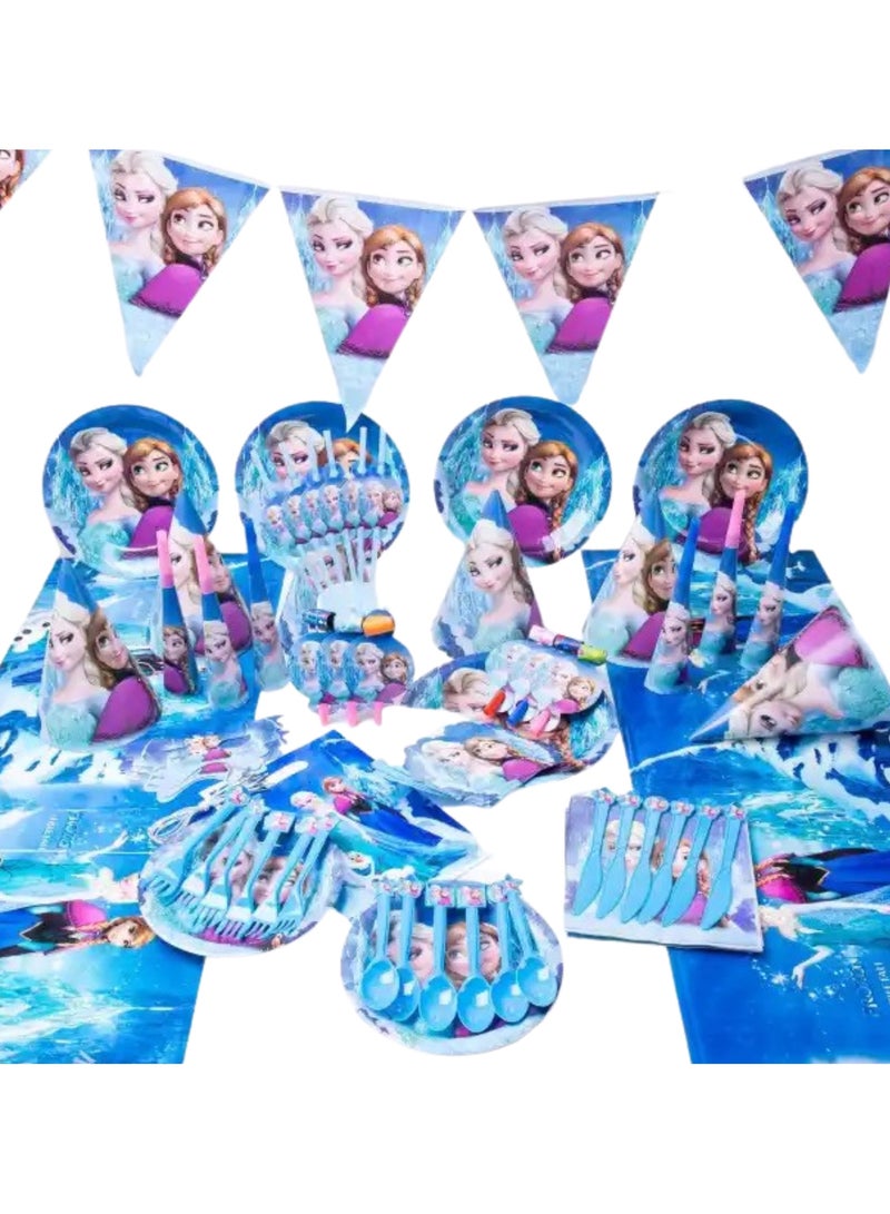 ريمي بيلا 180 قطعة لوازم حفلات اعياد الميلاد بتصميم فروزن، مجموعة ادوات مائدة الكل في واحد تتضمن اطباق واكواب ومناديل ولافتة وما الى ذلك، لوازم حفلات بطابع فروزن - Image 1