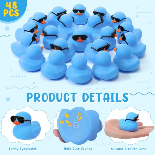 Sosation 48 Pack Mini Rubber Ducks with Sunglasses Sets Squeaky Bath Toys Float Bathtub Duckies for Little One Birthday Party Favors Class Carnival Prizes Car DecorBlue - Image 5