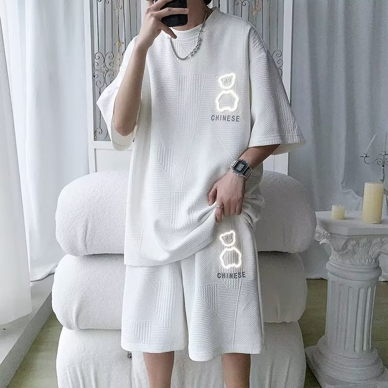 Mens Waffle Short Sleeve T-Shirt Casual Sport Shorts Set 2117 Black - Image 5