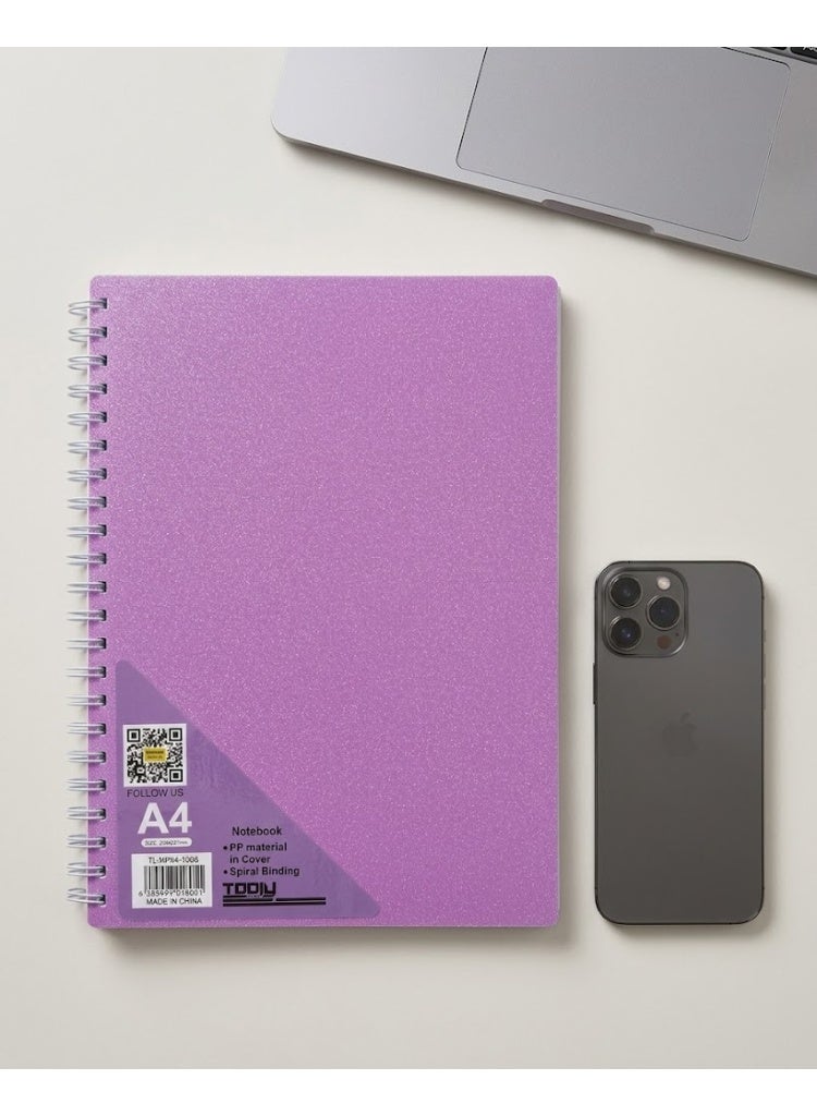 TOOLY Premium A4 Spiral Notebook with Frosted Glitter PP Cover, Durable Water-Resistant Shell, Metallic Purple 100 Sheets - Image 3