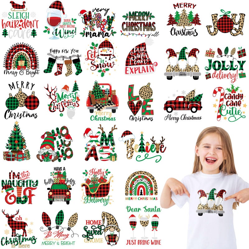 Perthlin Perthlin 30 Pcs Summer Christmas Iron On Transfers Patches July Xmas Heat Transfers Vinyl Appliques Funny Green Christmas Iron on Patches Decals for T Shirts Clothes Bag DIY Decorations