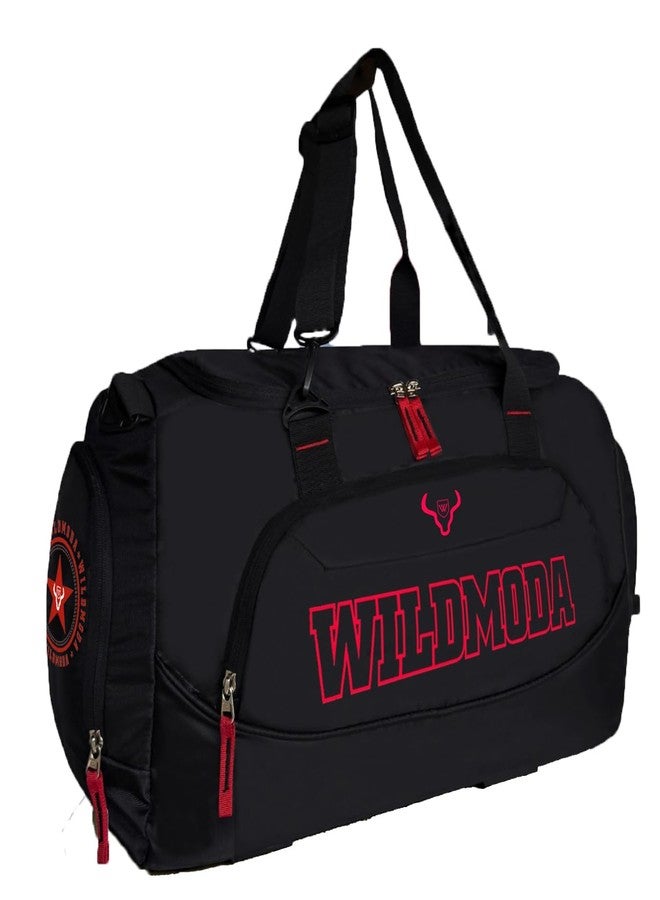 WILD MODA 45L Gym, Yoga & Travel Duffel Bag with Shoe Compartment (Black & Red) - Image 1