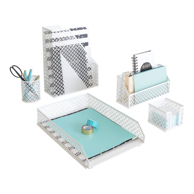 BLU MONACO White Desk Organizer Set 6Piece Desk Accessories for Mail Sticky Notes Pens Magazines Documents