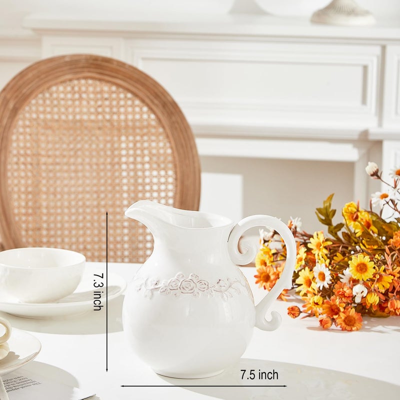 Otartu Ceramic Pitcher White Flower Vase, Farmhouse Ceramic Jug Vase for Home DÃ©cor, 7.3 inch Height. - Image 3