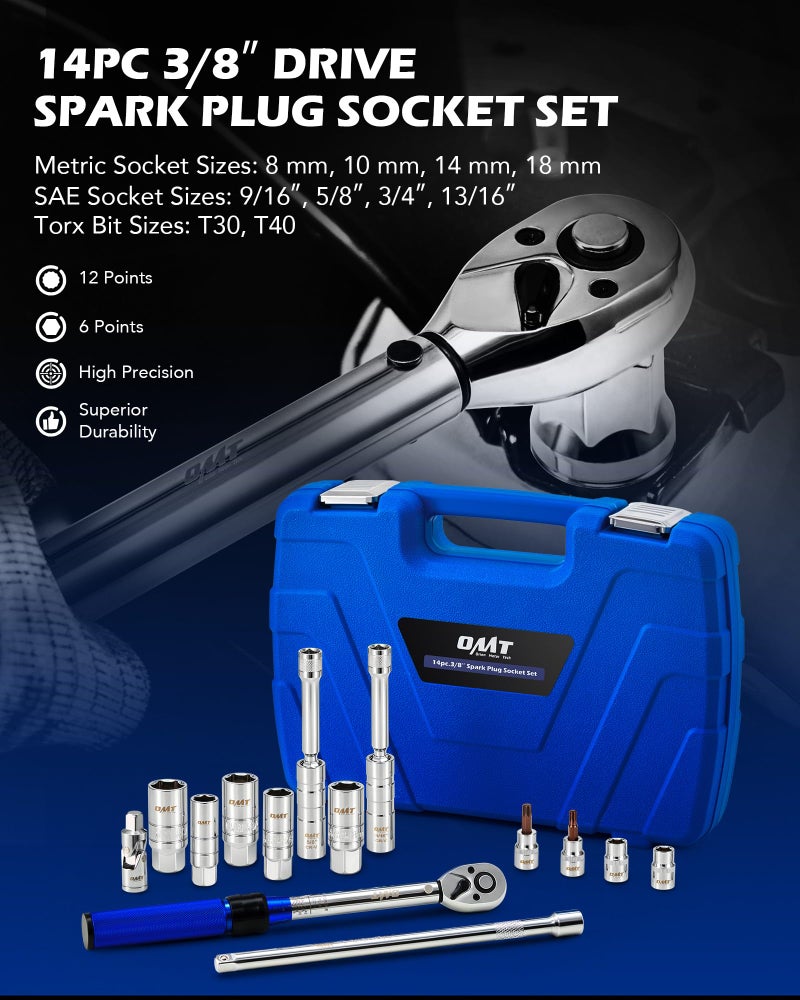 Orion Motor Tech 14pc Spark Plug Socket Set, 3/8 Inch Drive Magnetic Swivel Spark Plug Socket Set with Torque Wrench, Torque Bits, Universal Joint and Extension Bar, 5-45 ft.lb Spark Plug Removal Tool - Image 2