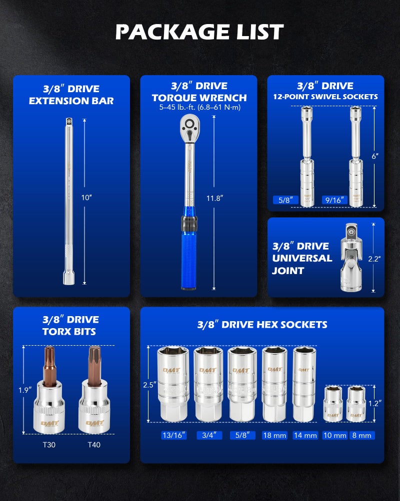 Orion Motor Tech 14pc Spark Plug Socket Set, 3/8 Inch Drive Magnetic Swivel Spark Plug Socket Set with Torque Wrench, Torque Bits, Universal Joint and Extension Bar, 5-45 ft.lb Spark Plug Removal Tool - Image 3