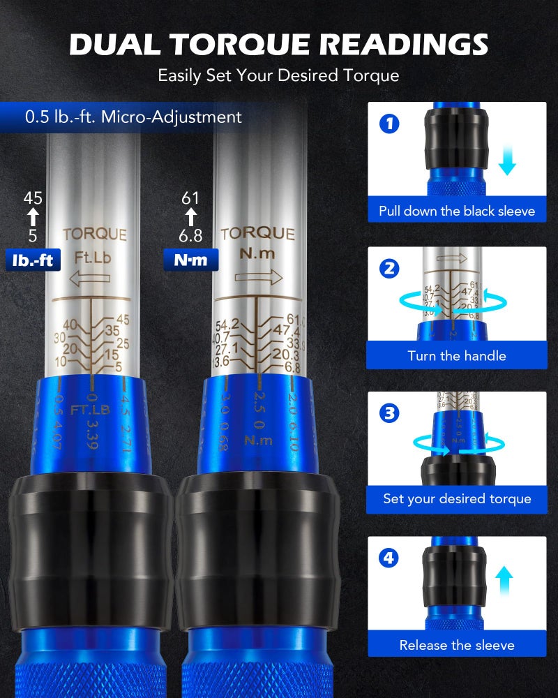 Orion Motor Tech 14pc Spark Plug Socket Set, 3/8 Inch Drive Magnetic Swivel Spark Plug Socket Set with Torque Wrench, Torque Bits, Universal Joint and Extension Bar, 5-45 ft.lb Spark Plug Removal Tool - Image 5